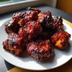 A pile of glistening Sticky BBQ Chicken Bites with deep, caramelized edges served on a white plate.