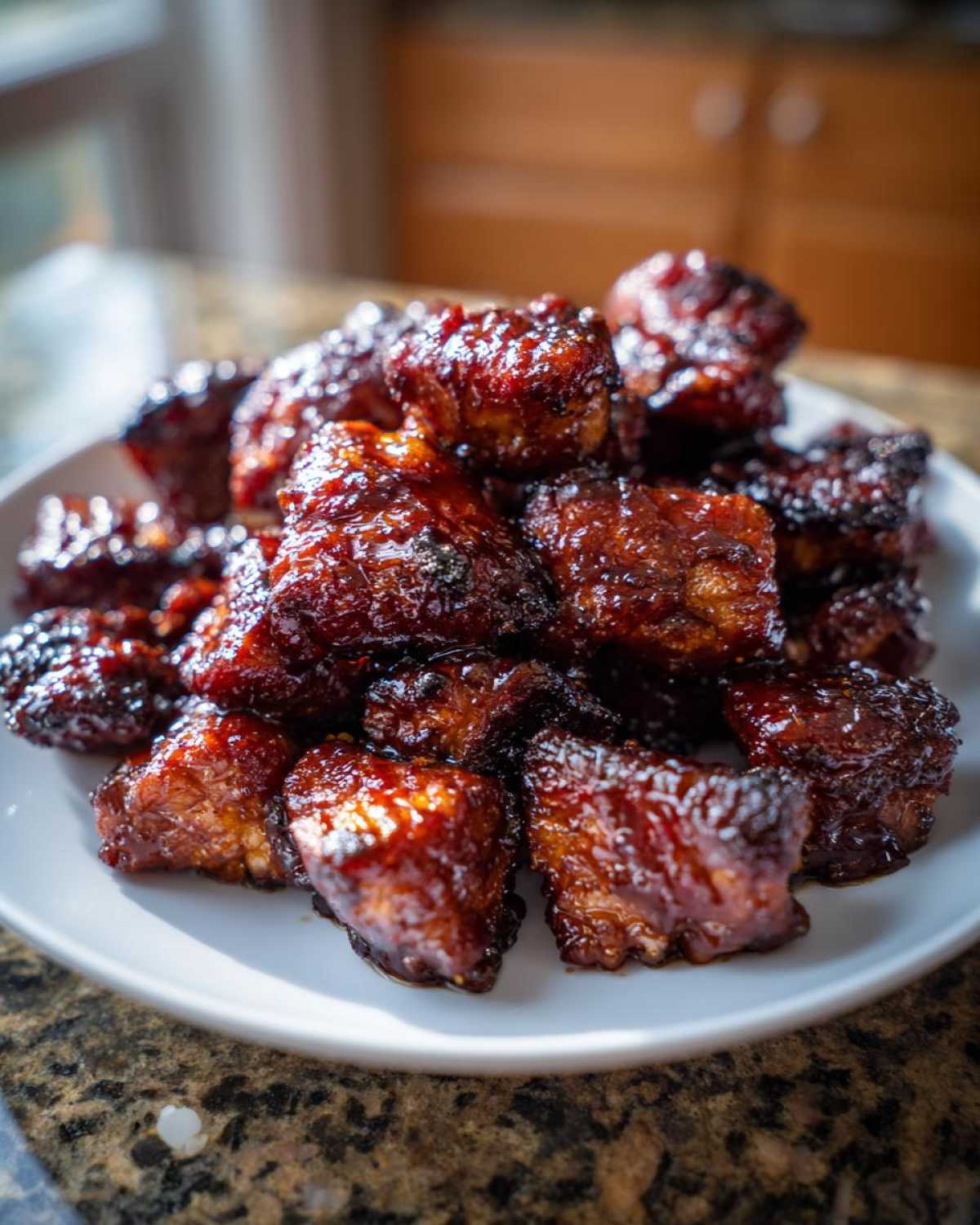 A mound of glistening, caramelized Sticky BBQ Chicken Bites piled high on a white plate.