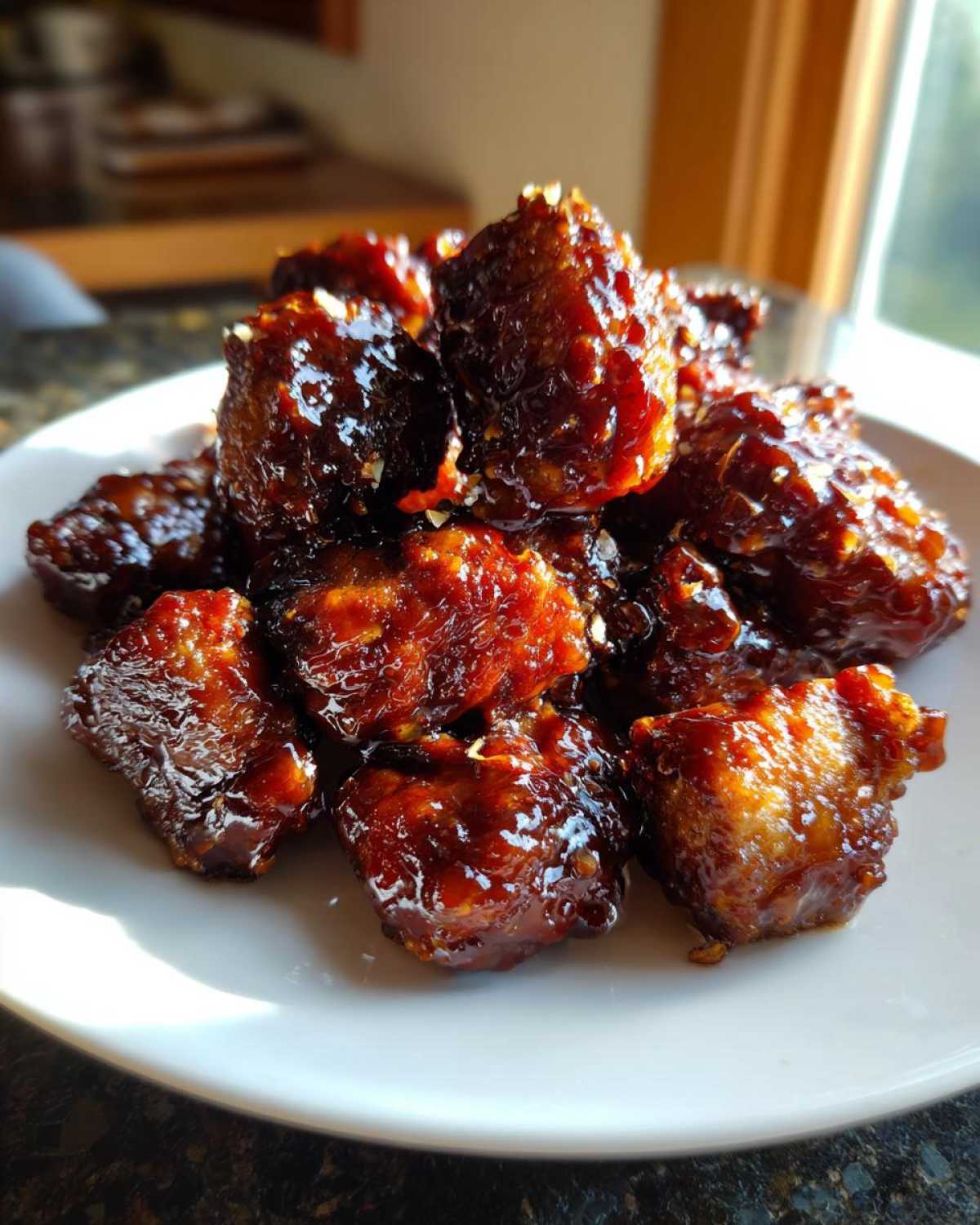A pile of glistening Sticky BBQ Chicken Bites coated in a dark, caramelized sauce, served on a white plate.