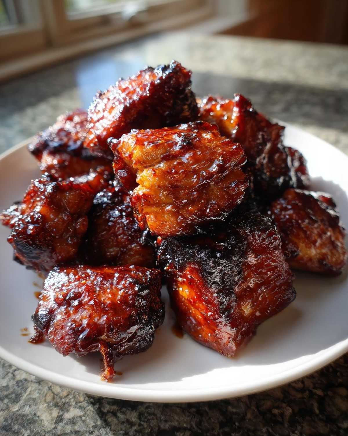 A pile of glistening Sticky BBQ Chicken Bites with deeply caramelized, dark edges served on a white plate.