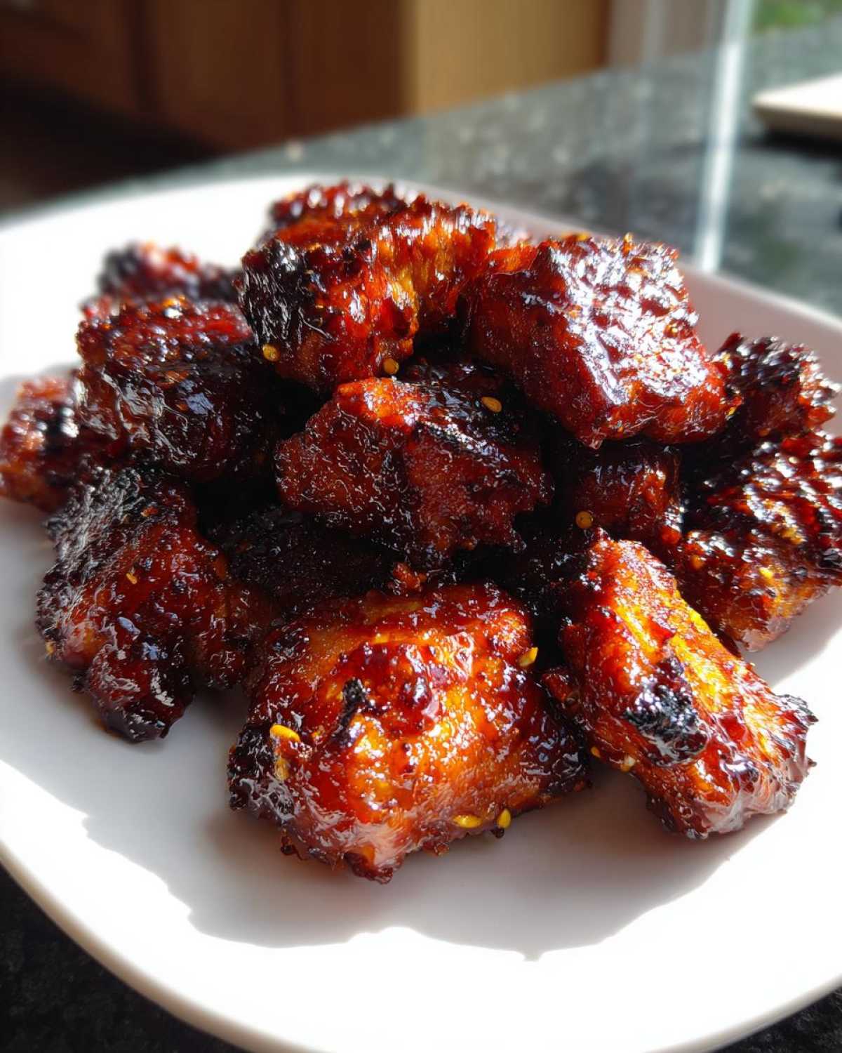 A close-up of glistening, caramelized Sticky BBQ Chicken Bites piled high on a white plate.