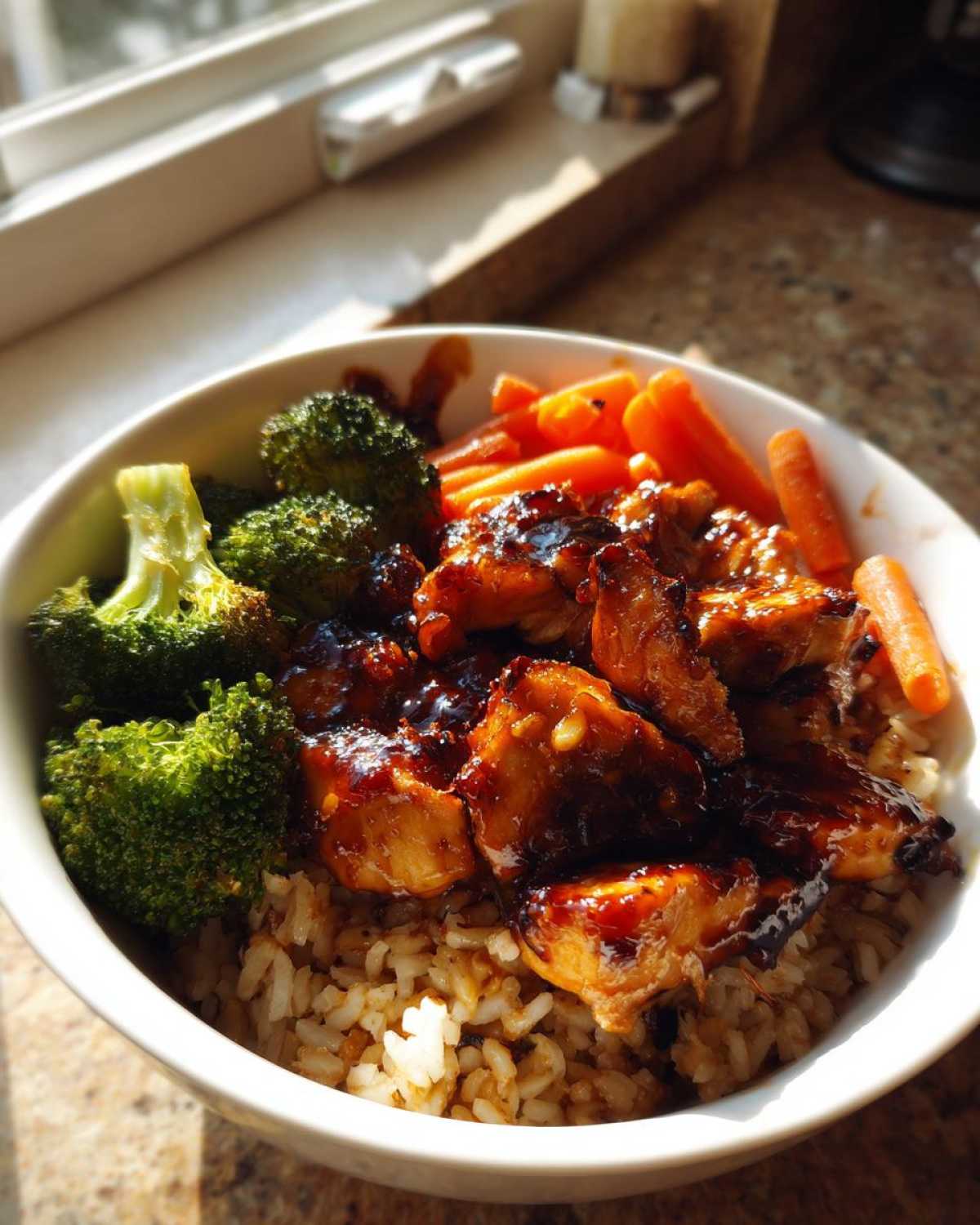 A close-up of a Sticky BBQ Chicken Bowl with Veggies, featuring glazed chicken pieces over brown rice with steamed broccoli and carrots.