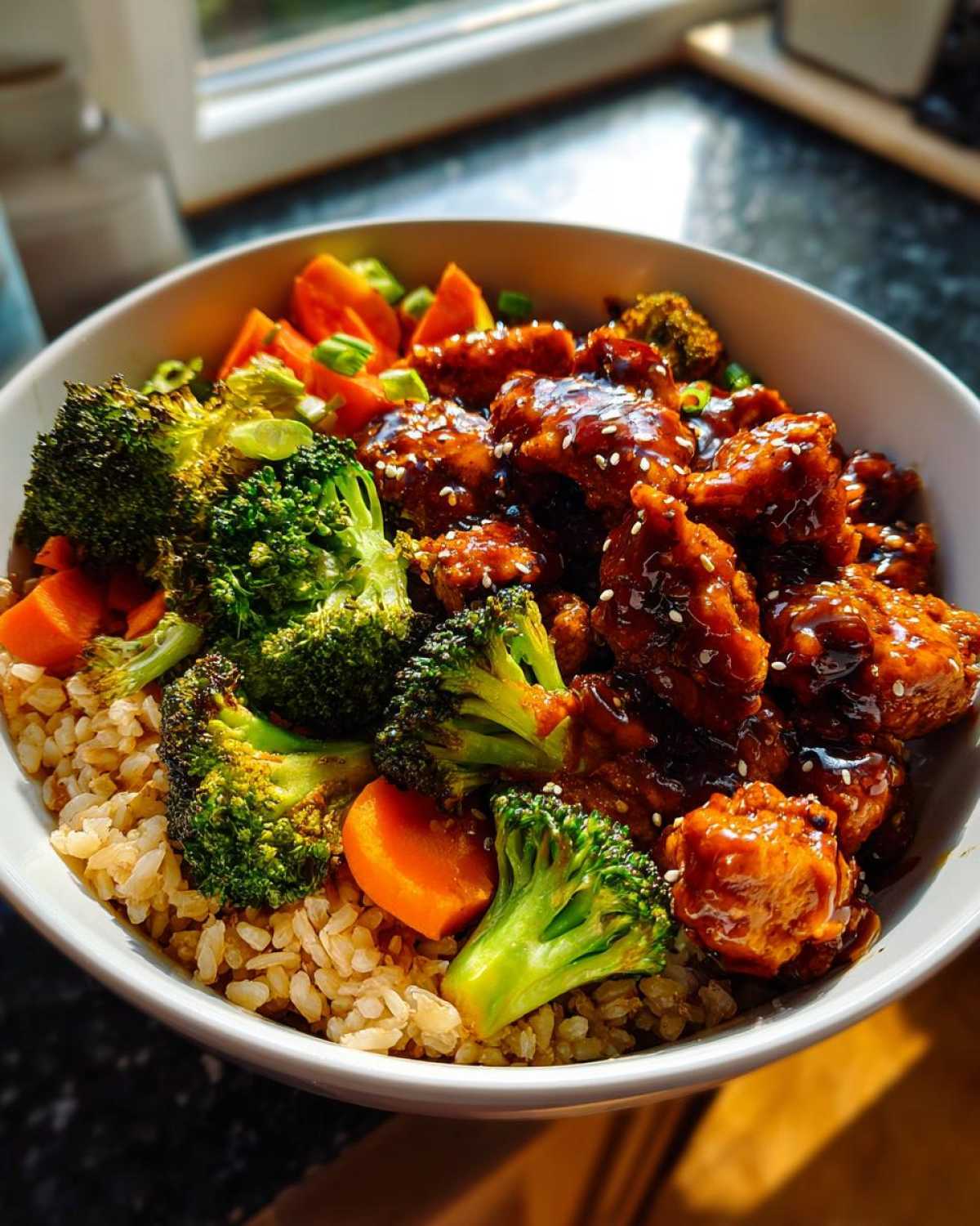Close-up of a Sticky BBQ Chicken Bowl with veggies, brown rice, and sesame seeds.