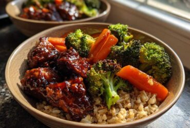 Close-up of a Sticky BBQ Chicken Bowl with Veggies featuring glazed chicken pieces, roasted broccoli, carrots, and brown rice.
