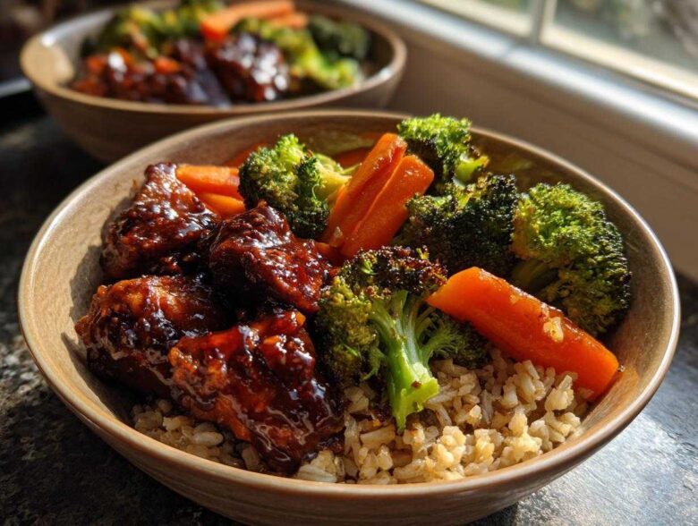 Close-up of a Sticky BBQ Chicken Bowl with Veggies featuring glazed chicken pieces, roasted broccoli, carrots, and brown rice.