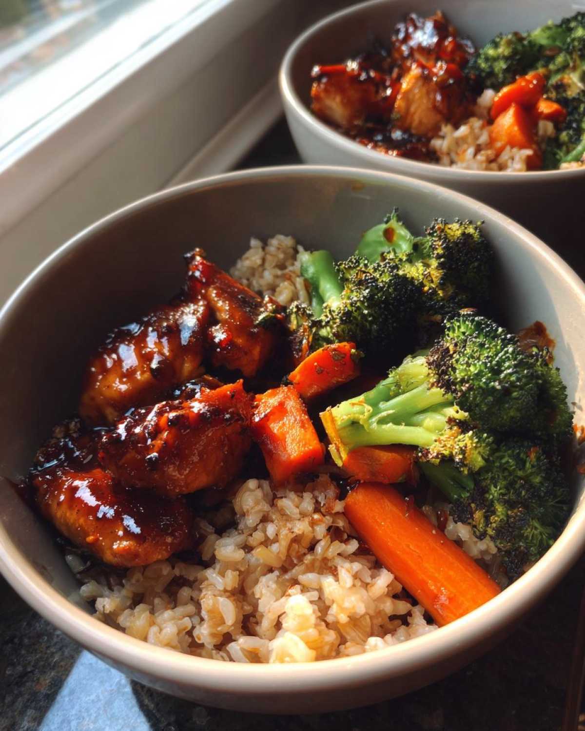 Close-up of a Sticky BBQ Chicken Bowl with brown rice, glazed chicken pieces, roasted broccoli, and carrots.