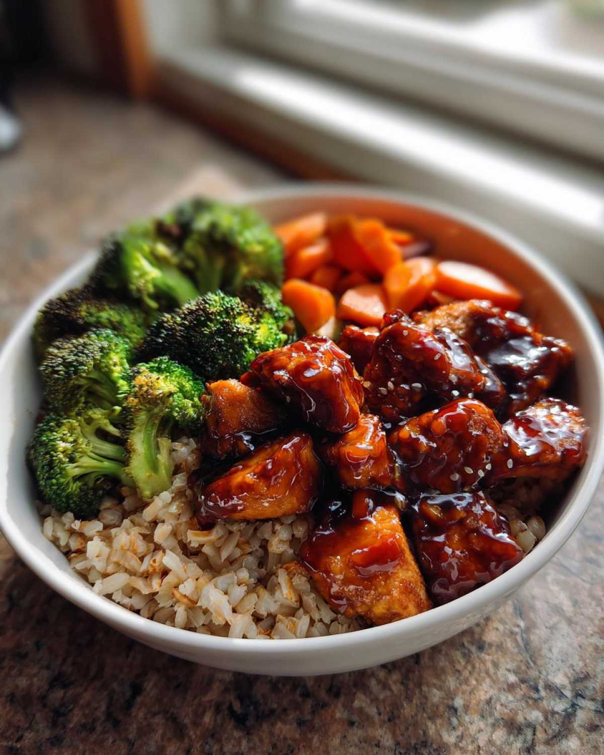 Close-up of a Sticky BBQ Chicken Bowl with veggies, featuring glazed chicken pieces over brown rice, broccoli, and carrots.