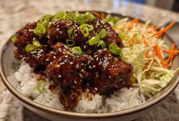 A close-up of a Sticky BBQ Chicken Bowl with Rice, featuring glazed chicken pieces over white rice with slaw and green onions.