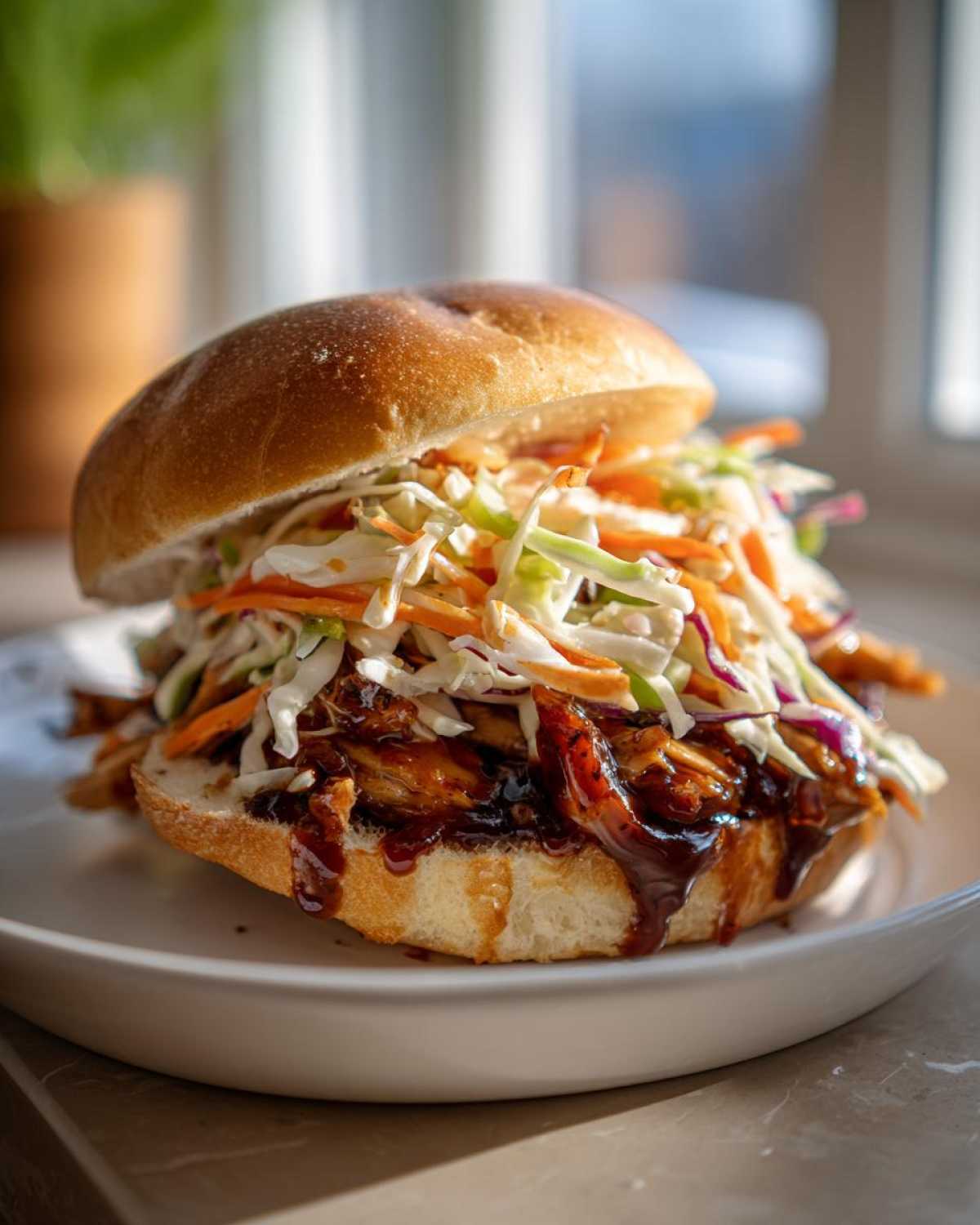 A delicious Sticky BBQ Chicken Sandwich overflowing with saucy chicken and crunchy slaw on a brioche bun.