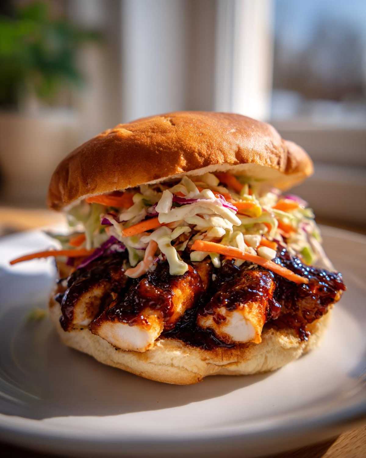 A delicious Sticky BBQ Chicken Sandwich featuring glazed chicken pieces and crunchy slaw on a toasted bun.