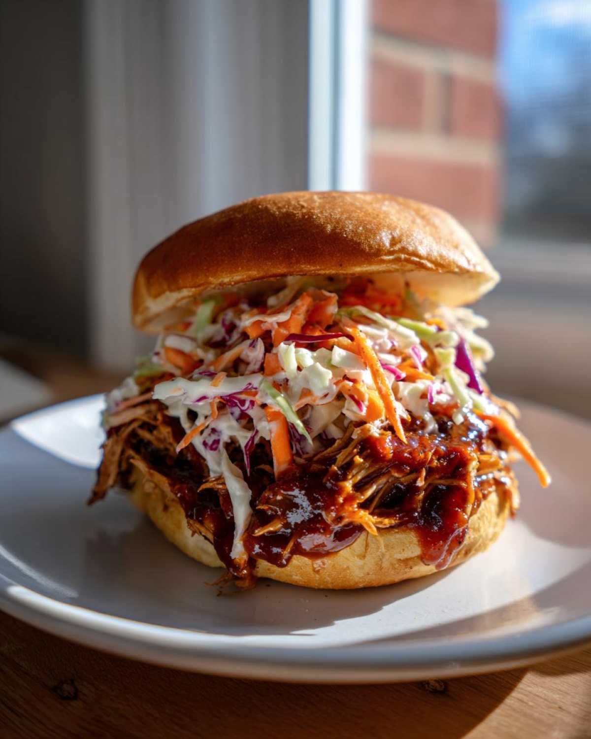 A close-up of a Sticky BBQ Chicken Sandwich piled high with shredded chicken, dark BBQ sauce, and crunchy coleslaw on a brioche bun.