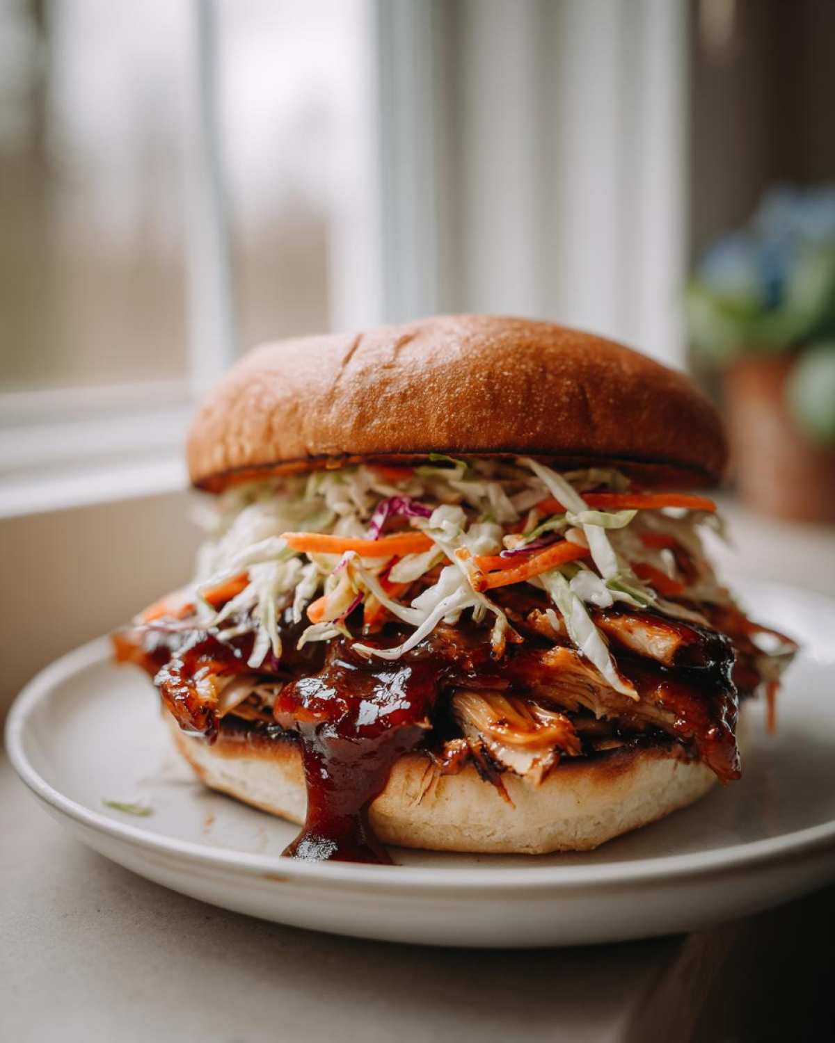 A close-up of a Sticky BBQ Chicken Sandwich overflowing with saucy chicken and crunchy slaw on a brioche bun.