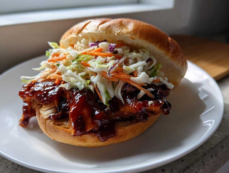 A close-up of a Sticky BBQ Chicken Sandwich with crunchy coleslaw piled high on a soft bun, served on a white plate.