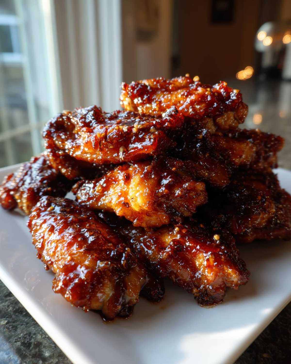 A close-up stack of sticky Honey Garlic Chicken Wings Oven Baked, glistening with a dark glaze and sesame seeds.
