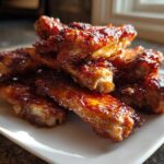 A stack of sticky Honey Garlic Chicken Wings Sticky Oven Baked glistening with glaze on a white plate.