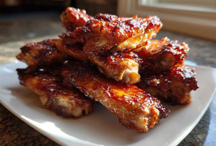 A stack of sticky Honey Garlic Chicken Wings Sticky Oven Baked glistening with glaze on a white plate.