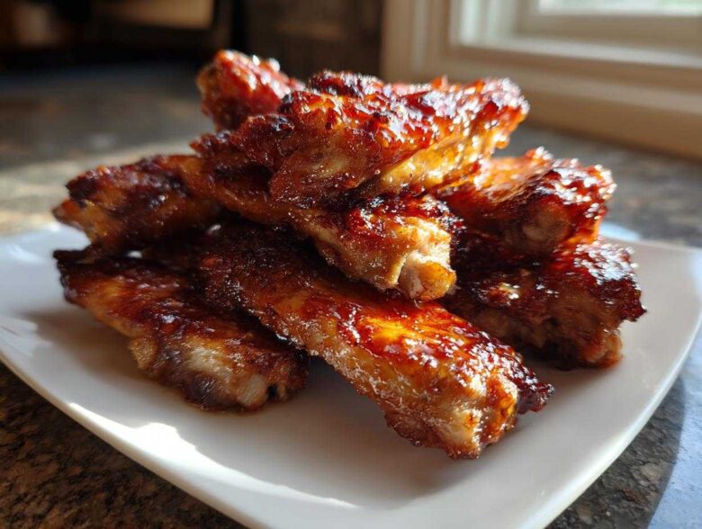 A stack of sticky Honey Garlic Chicken Wings Sticky Oven Baked glistening with glaze on a white plate.