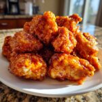 A close-up of a mound of crispy chicken pieces coated in glossy, thick Sticky Orange Chicken Better Than Takeout sauce on a white plate.