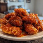 Close-up of crispy chicken pieces generously coated in a glossy, thick sauce, representing Sticky Orange Chicken Better Than Takeout.