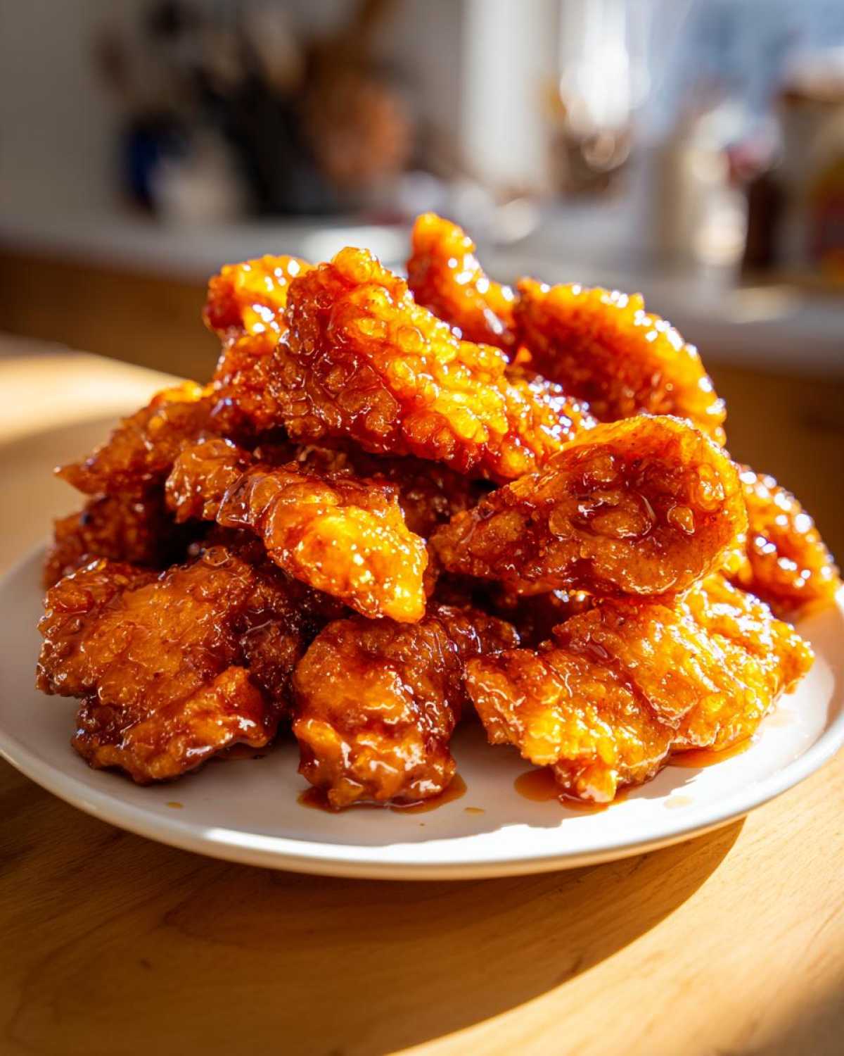 A pile of crispy, glazed Sticky Orange Chicken Better Than Takeout pieces stacked on a white plate.