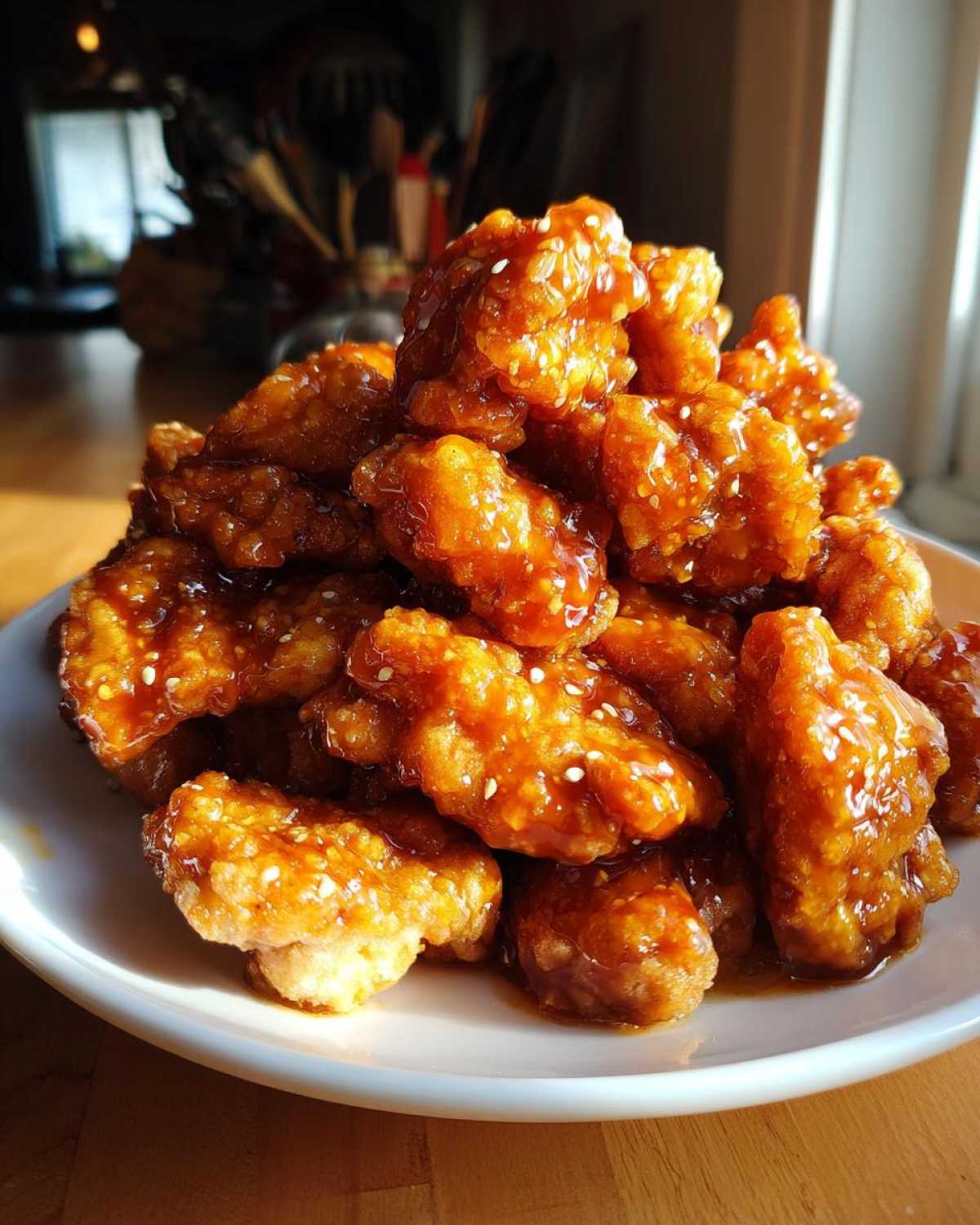 A mound of crispy chicken pieces coated in glossy sauce and sesame seeds, representing Sticky Orange Chicken Better Than Takeout.
