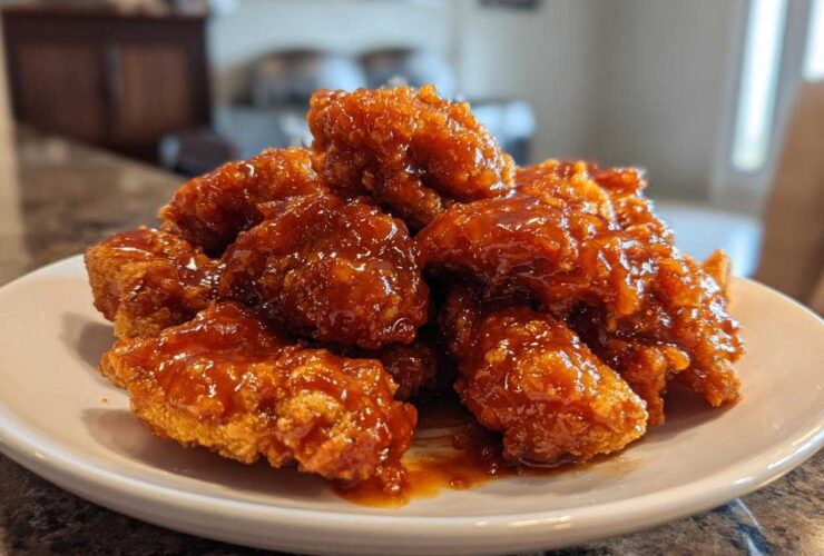 Close-up of crispy chicken pieces generously coated in a glossy, thick sauce, representing Sticky Orange Chicken Better Than Takeout.