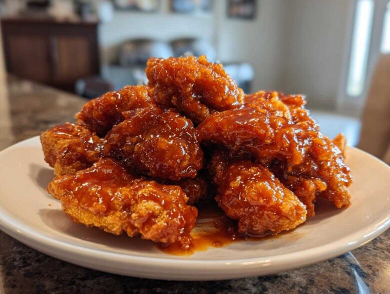 Close-up of crispy chicken pieces generously coated in a glossy, thick sauce, representing Sticky Orange Chicken Better Than Takeout.