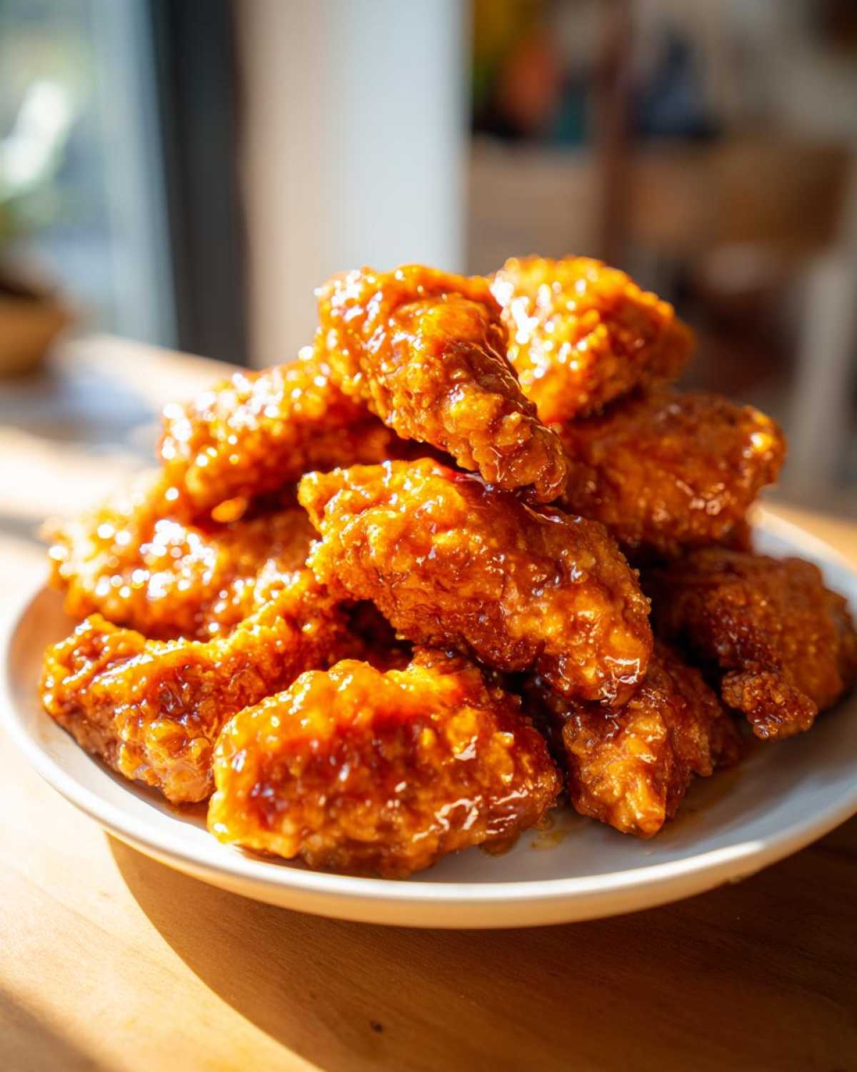 A close-up, sunlit pile of crispy chicken pieces coated in a thick, glossy sauce, representing Sticky Orange Chicken Better Than Takeout.