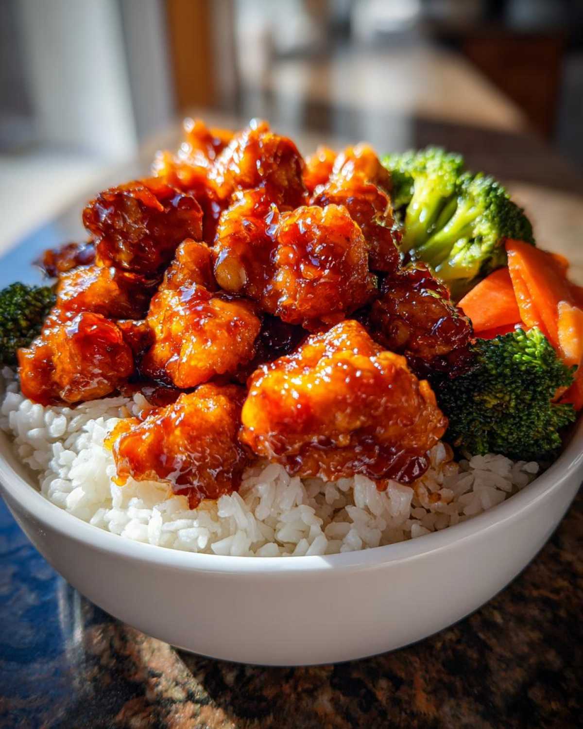 A close-up of a white bowl filled with white rice, topped with glistening Sticky Orange Chicken, broccoli, and sliced carrots.