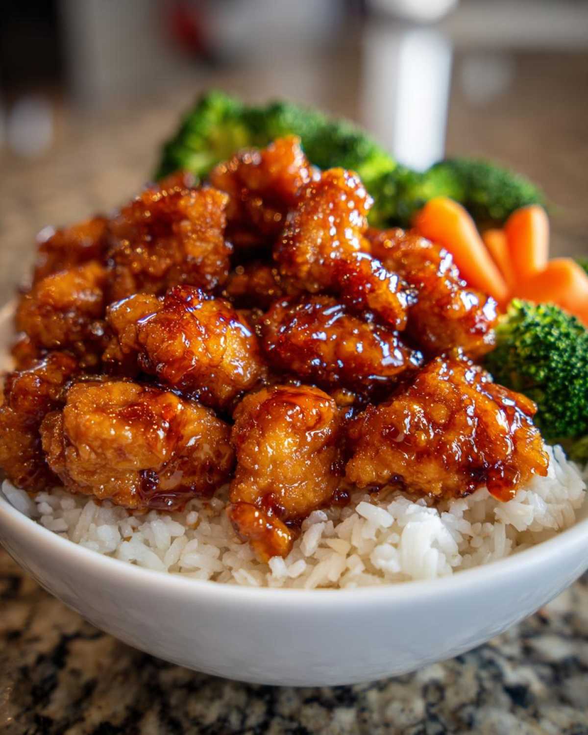 A close-up of a white bowl filled with white rice topped generously with glossy, glazed Sticky Orange Chicken Bowl with Rice and Veggies and steamed broccoli.