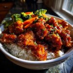 A close-up of a Sticky Orange Chicken Bowl with Rice, featuring glossy orange chicken pieces over white rice with steamed broccoli and carrots.