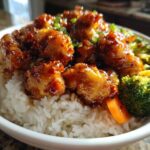 Close-up of a Sticky Orange Chicken Bowl featuring crispy chicken coated in glaze over white rice with steamed broccoli and carrots.