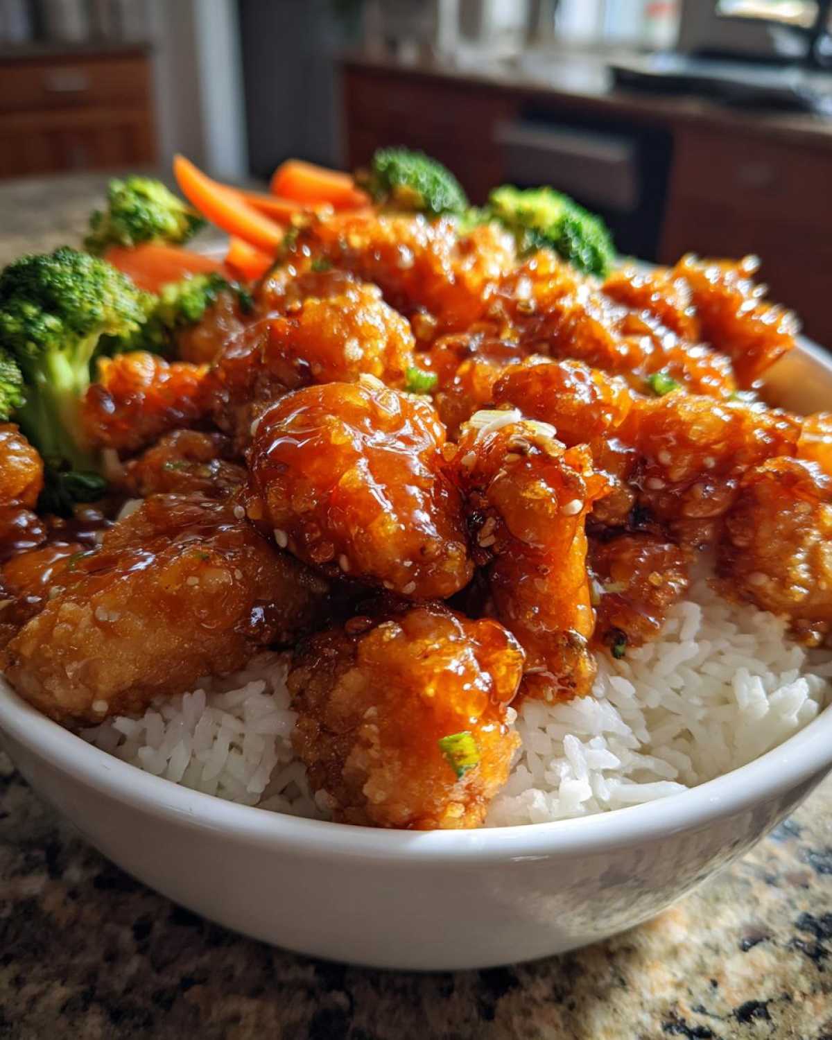 Close-up of a white bowl filled with white rice topped with glazed Sticky Orange Chicken Bowl with Rice and Veggies and steamed broccoli and carrots.