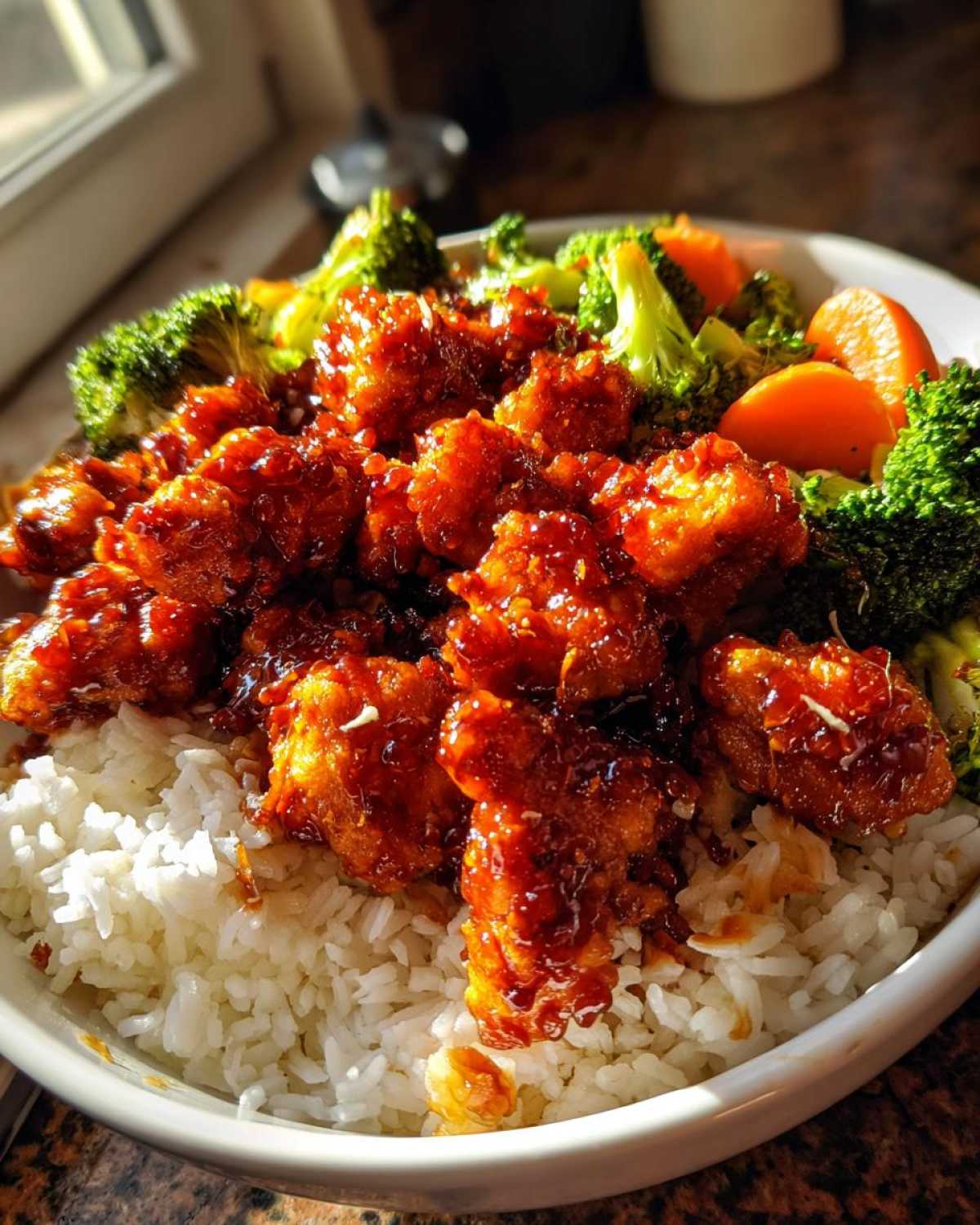 A close-up of a Sticky Orange Chicken Bowl with Rice, featuring glossy orange chicken pieces over white rice and steamed broccoli and carrots.
