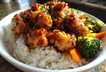 Close-up of a Sticky Orange Chicken Bowl featuring crispy chicken coated in glaze over white rice with steamed broccoli and carrots.