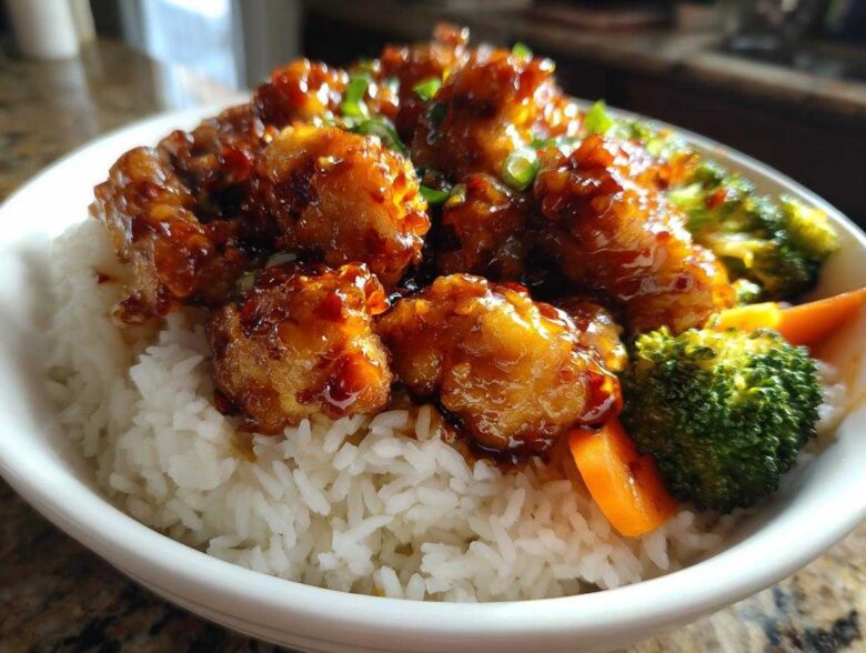 Close-up of a Sticky Orange Chicken Bowl featuring crispy chicken coated in glaze over white rice with steamed broccoli and carrots.