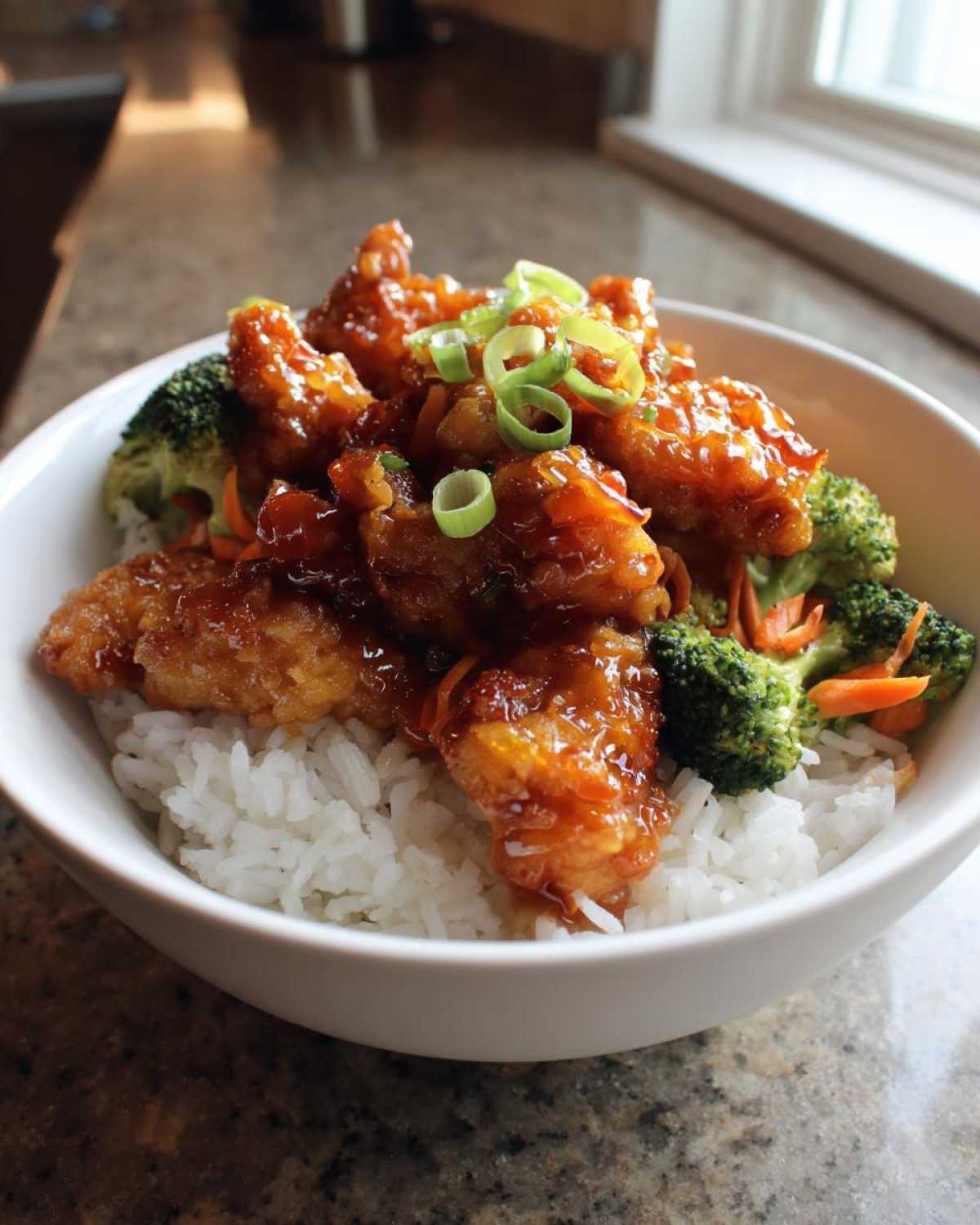 A close-up of a Sticky Orange Chicken Bowl with rice, broccoli, carrots, and green onion garnish.