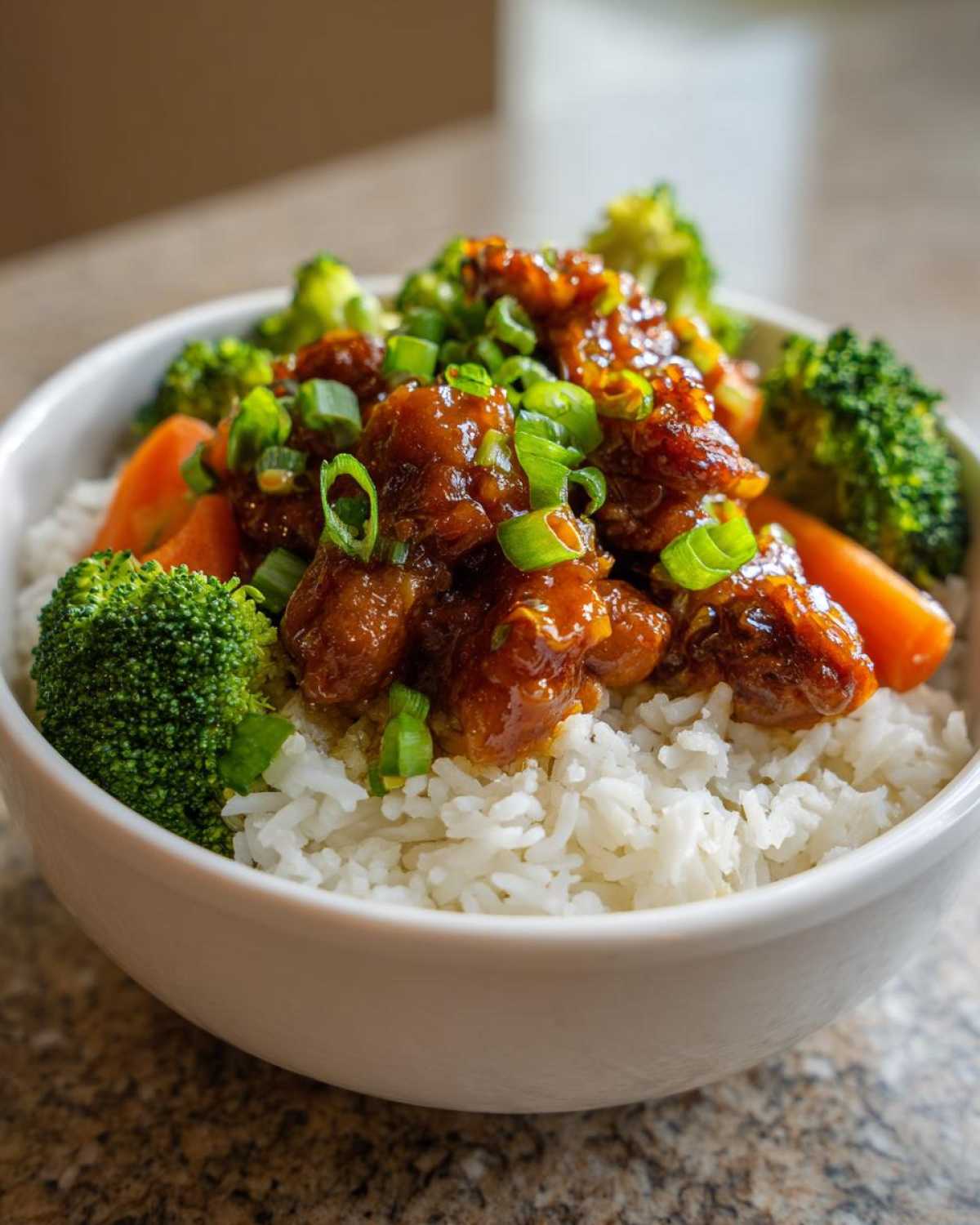 A close-up of a Sticky Orange Chicken Bowl featuring glazed chicken pieces over white rice, surrounded by steamed broccoli and carrots, topped with green onions.