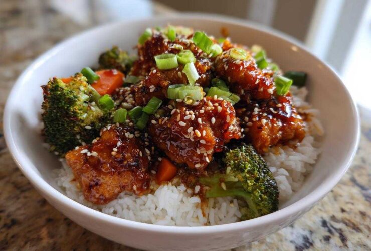 Close-up of a Sticky Orange Chicken Bowl with rice, broccoli, carrots, and sesame seeds.