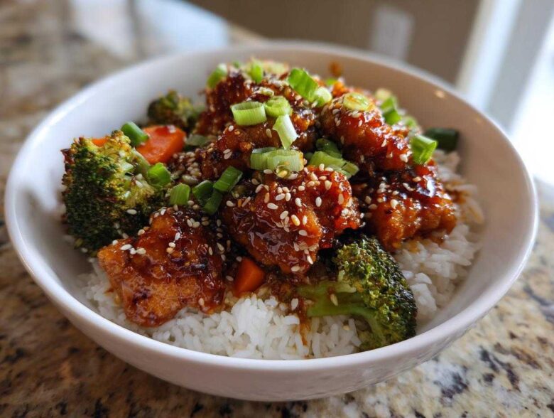 Close-up of a Sticky Orange Chicken Bowl with rice, broccoli, carrots, and sesame seeds.