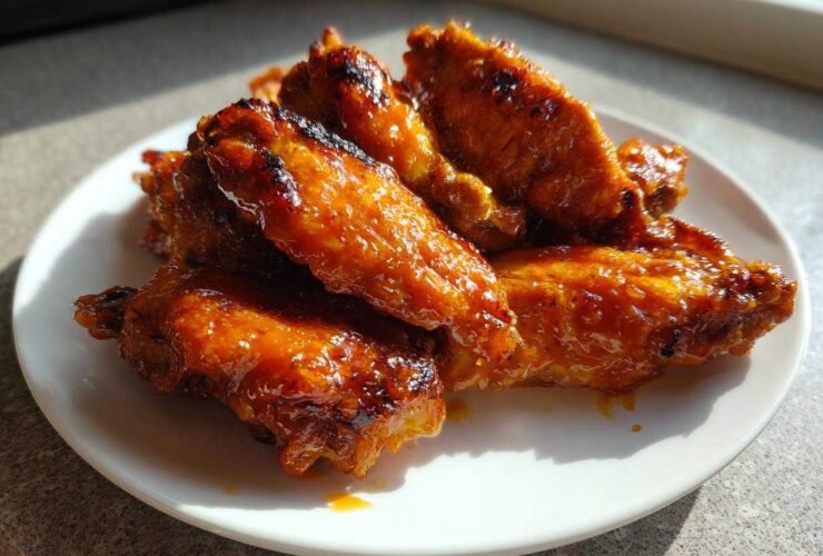 Close-up of several Sticky Orange Chicken Wings with Honey Glaze glistening under sunlight on a white plate.