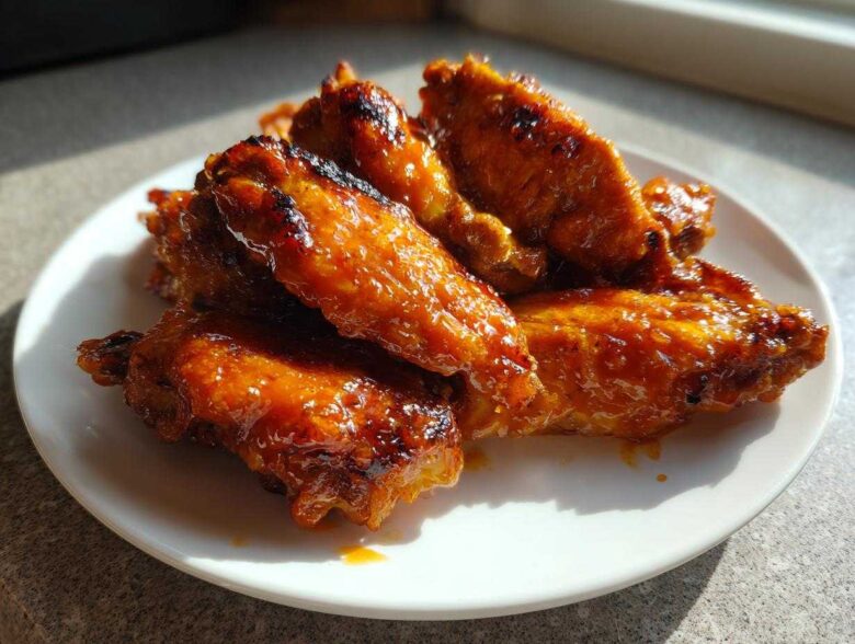Close-up of several Sticky Orange Chicken Wings with Honey Glaze glistening under sunlight on a white plate.