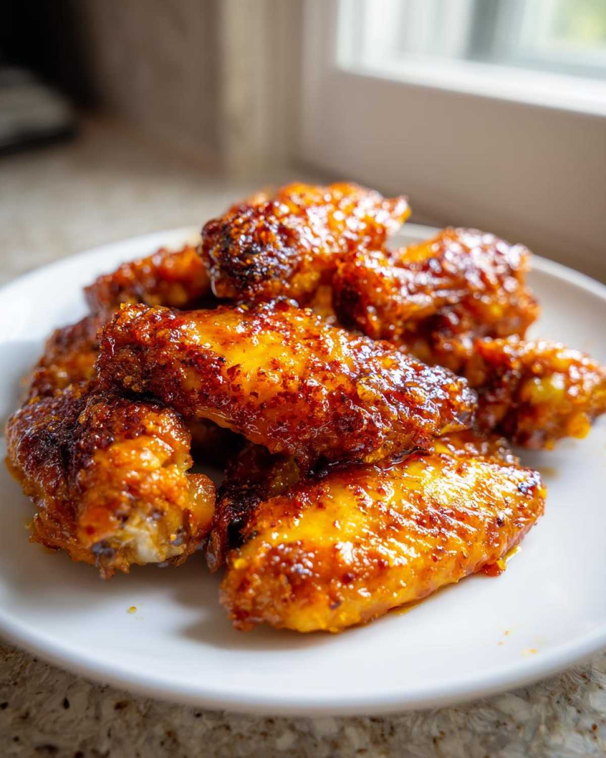 A pile of perfectly cooked Sticky Orange Chicken Wings coated in a glistening, caramelized honey glaze on a white plate.