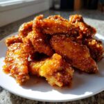 A pile of golden brown Sticky Orange Chicken Wings with Honey Glaze, glistening and topped with sesame seeds, served on a white plate.