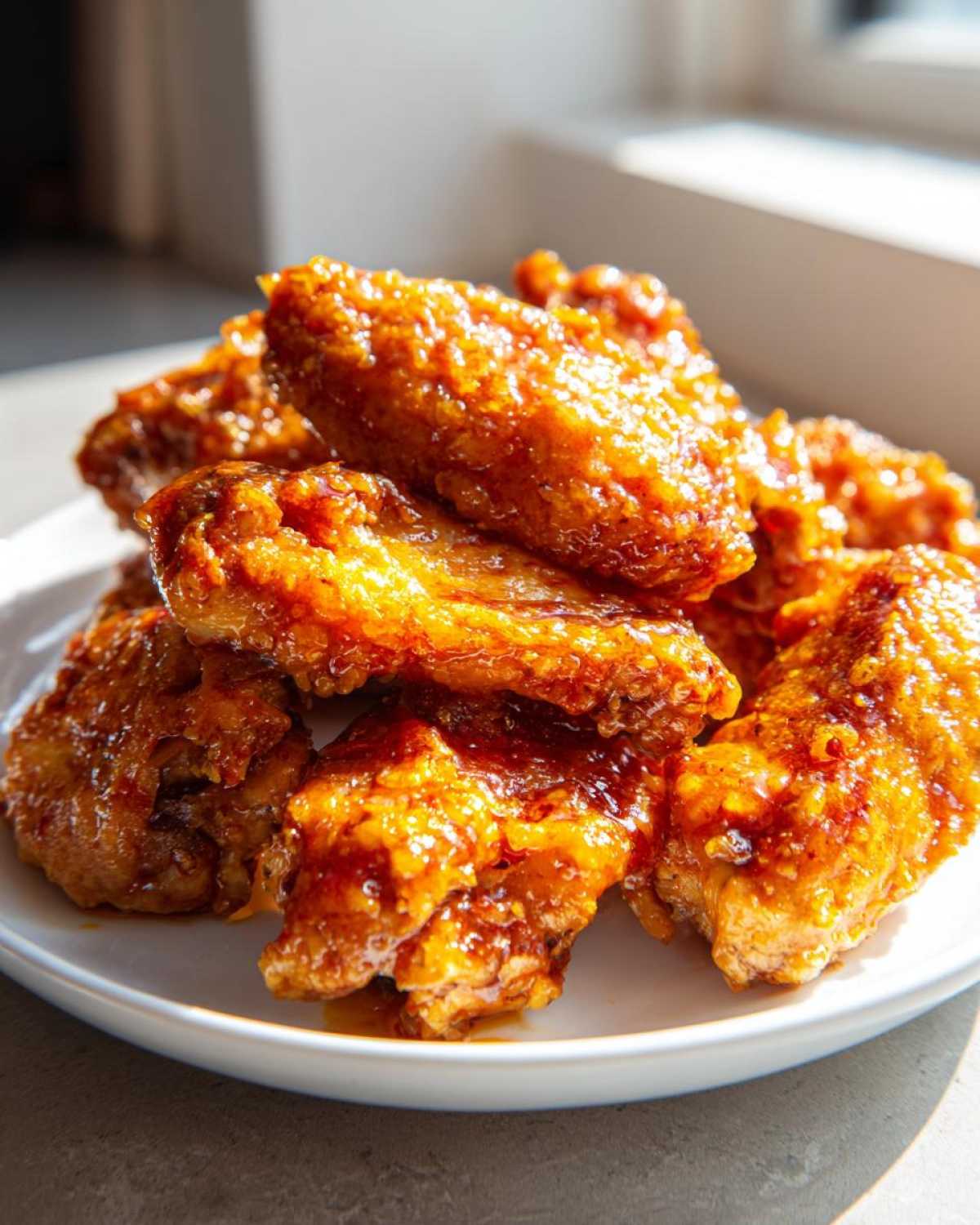 A pile of perfectly glazed Sticky Orange Chicken Wings with Honey Glaze glistening under bright light.