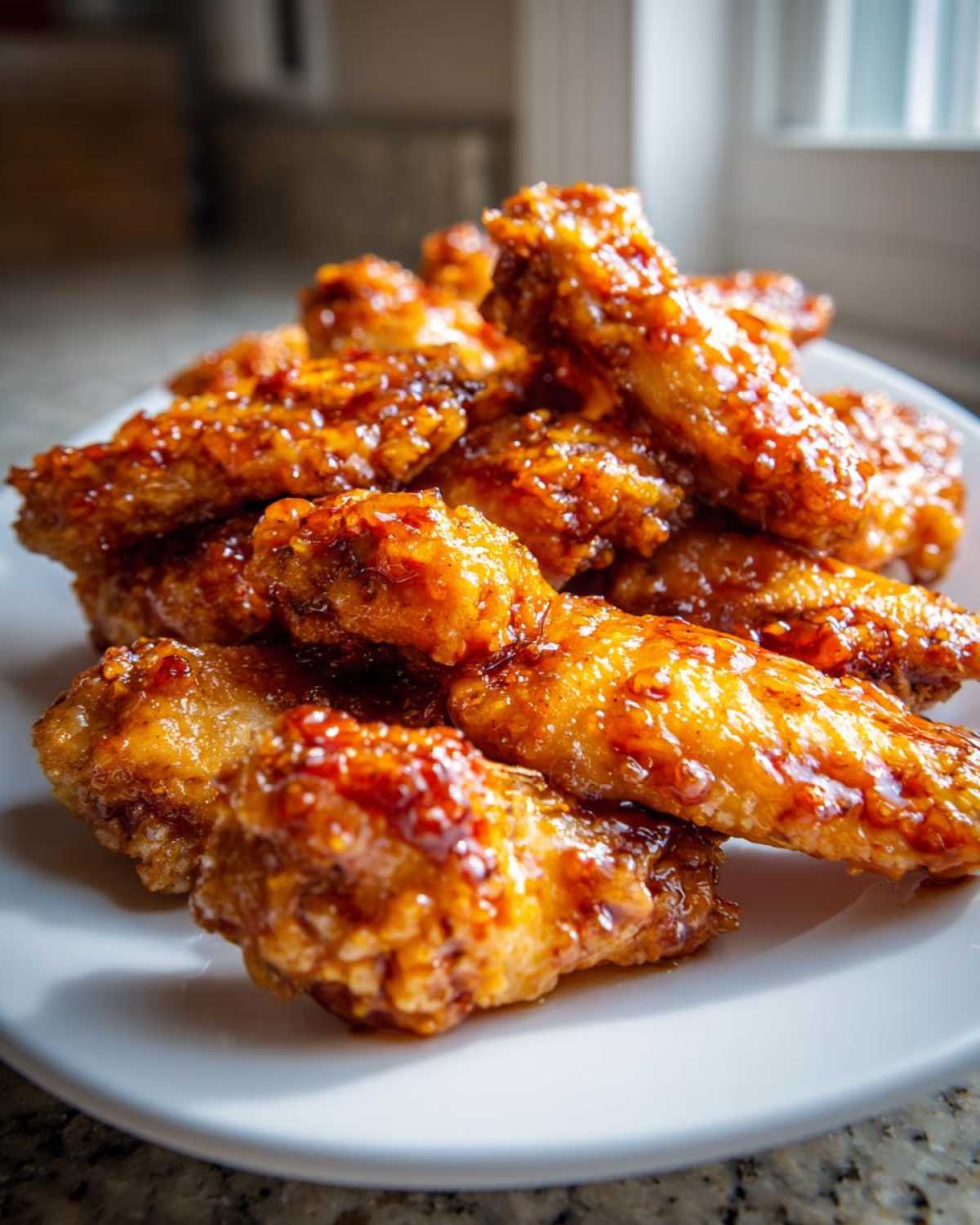 Close-up of crispy Sticky Orange Chicken Wings with Honey Glaze piled high on a white plate.