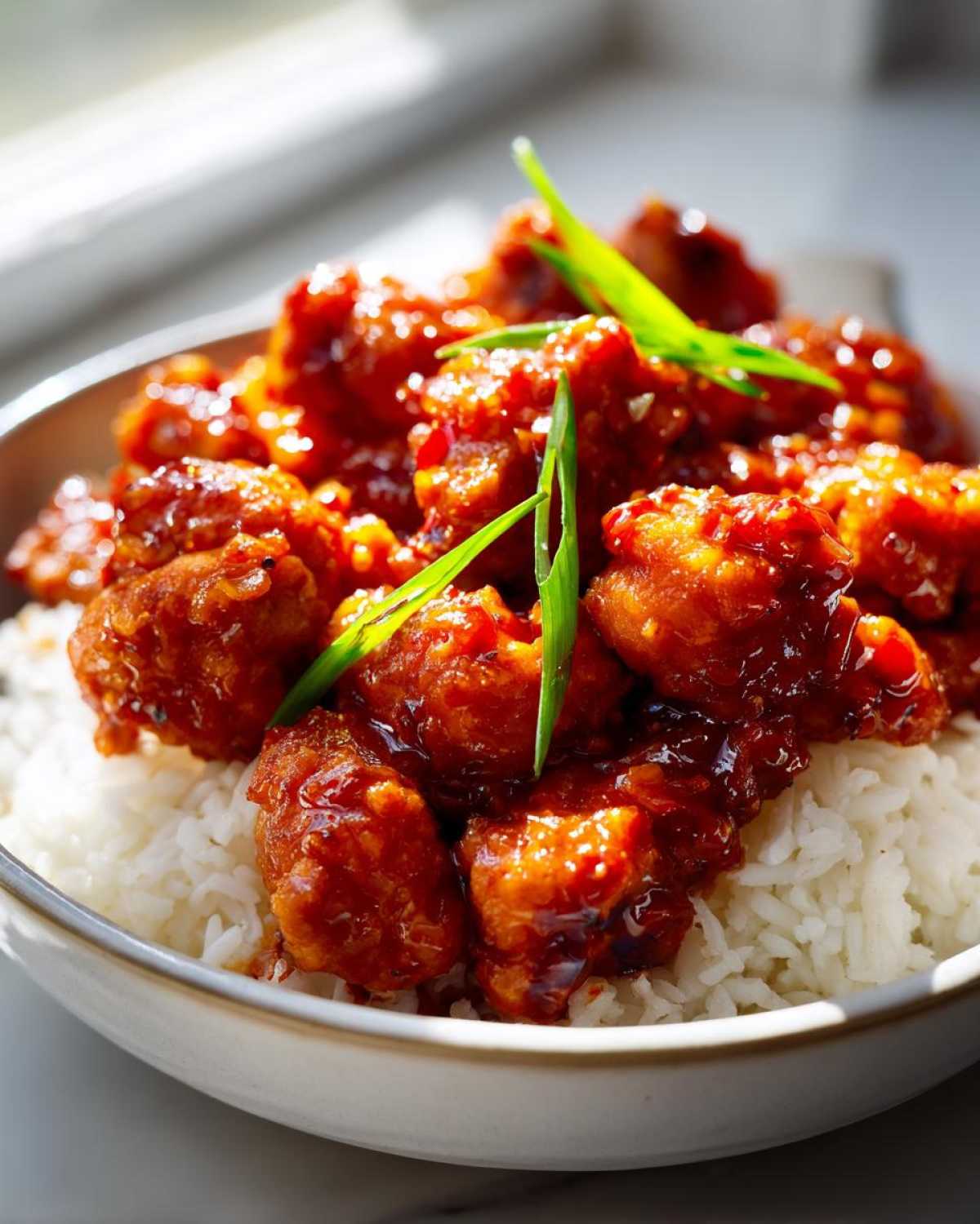 Close-up of Sticky Sweet Chili Chicken Skillet pieces coated in glossy sauce served over fluffy white rice, garnished with green onions.