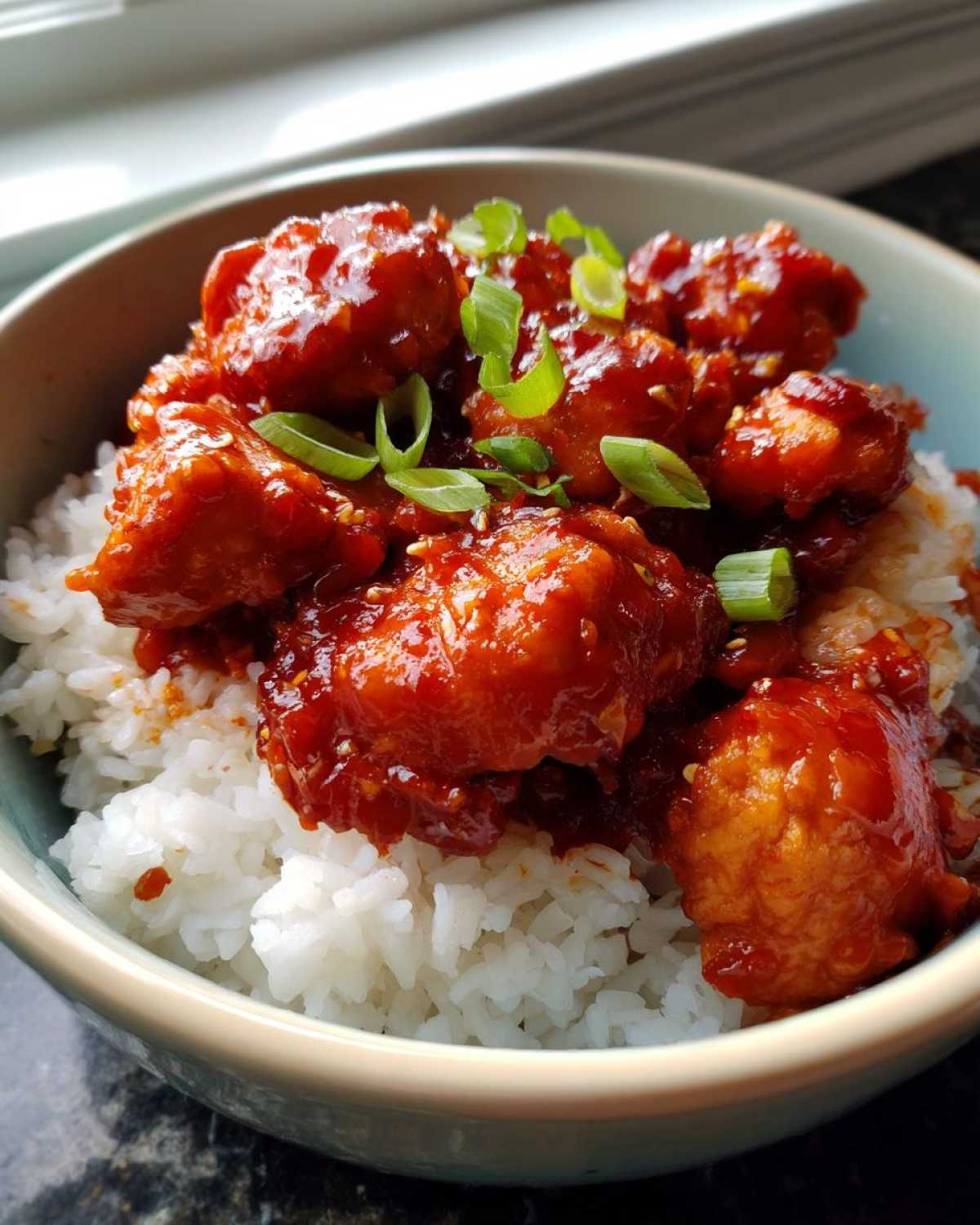 Close-up of Sticky Sweet Chili Chicken Skillet pieces coated in glossy red sauce served over white rice and topped with green onions.