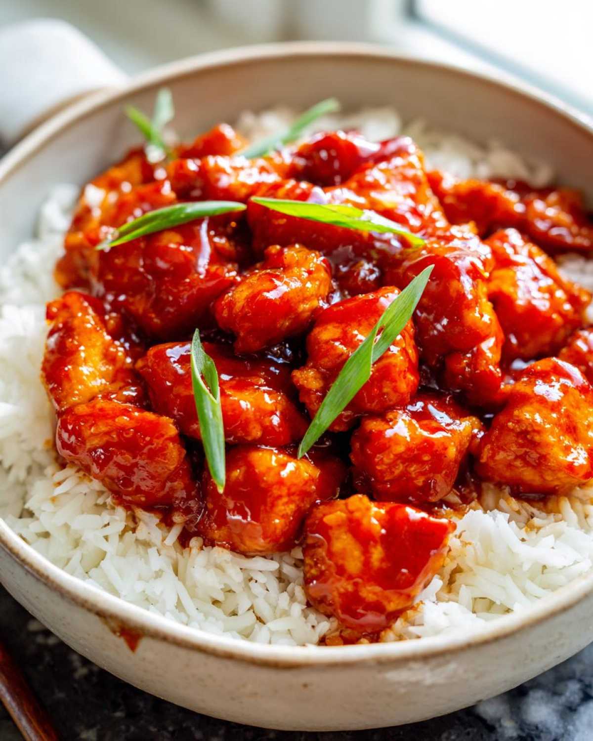 Close-up of Sticky Sweet Chili Chicken Skillet pieces coated in glossy sauce served over white rice, garnished with green onions.