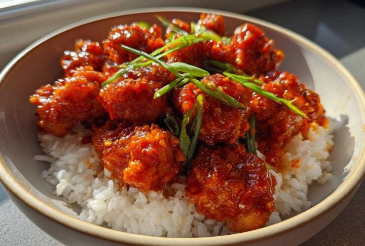 Close-up of Sticky Sweet Chili Chicken Skillet pieces coated in glossy red sauce served over white rice and garnished with green onions.